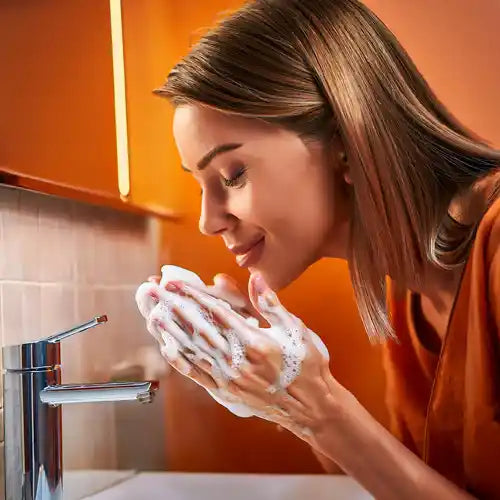 Une femme se nettoie le visage avec un savon au lait de jument. Parfum bergamote.