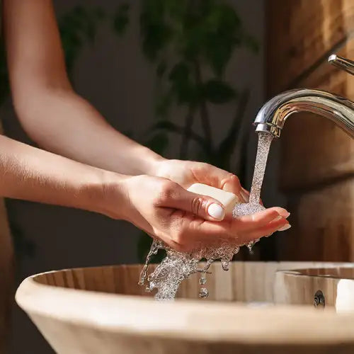 Lavage de mains avec un savon au lait de jument parfum bergamote.